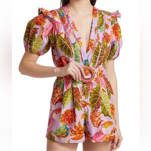 Farm Rio Beaks & Bananas Belted Ruffled Cotton Romper worn twice